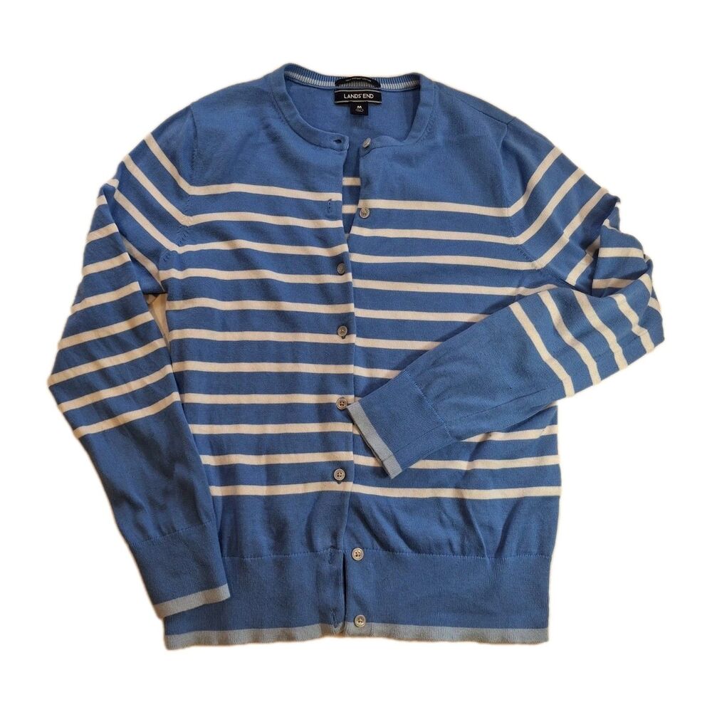 Lands' End Size Medium 100% Supima Cotton Button Down Blue White Stripe Cardigan